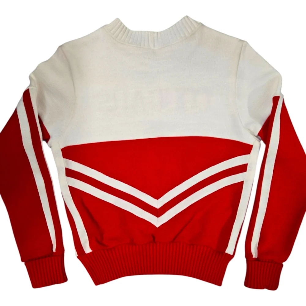 Vintage Varsity Cheerleader Sweater Red White Chevron Stripe Cougars Size S 80s